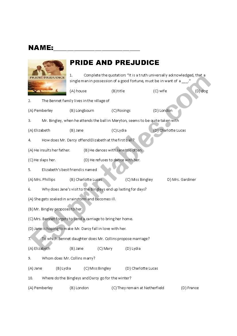 Pride and Prejudice worksheet