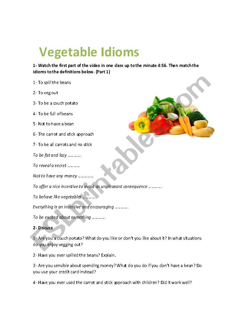 Vegetable idioms worksheet