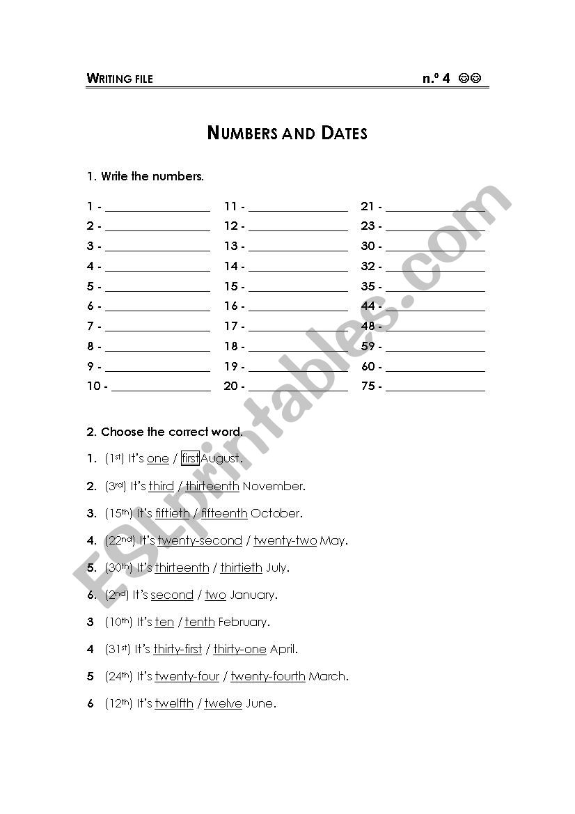 Numbers and Dates worksheet