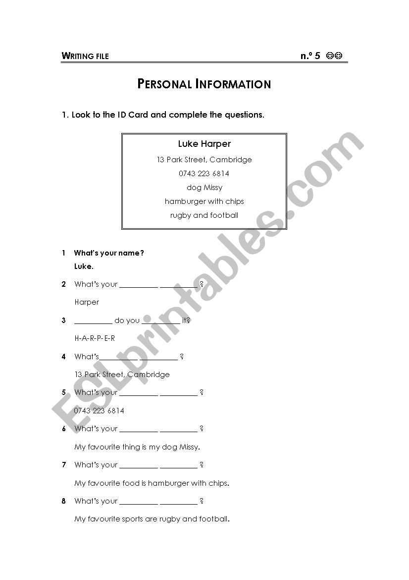 Personal Information worksheet