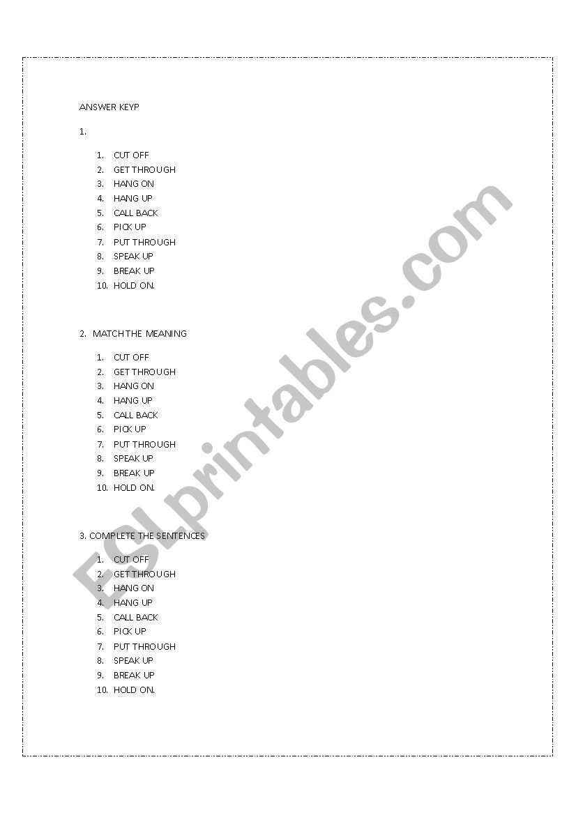 Telephone Phrasal verbs worksheet