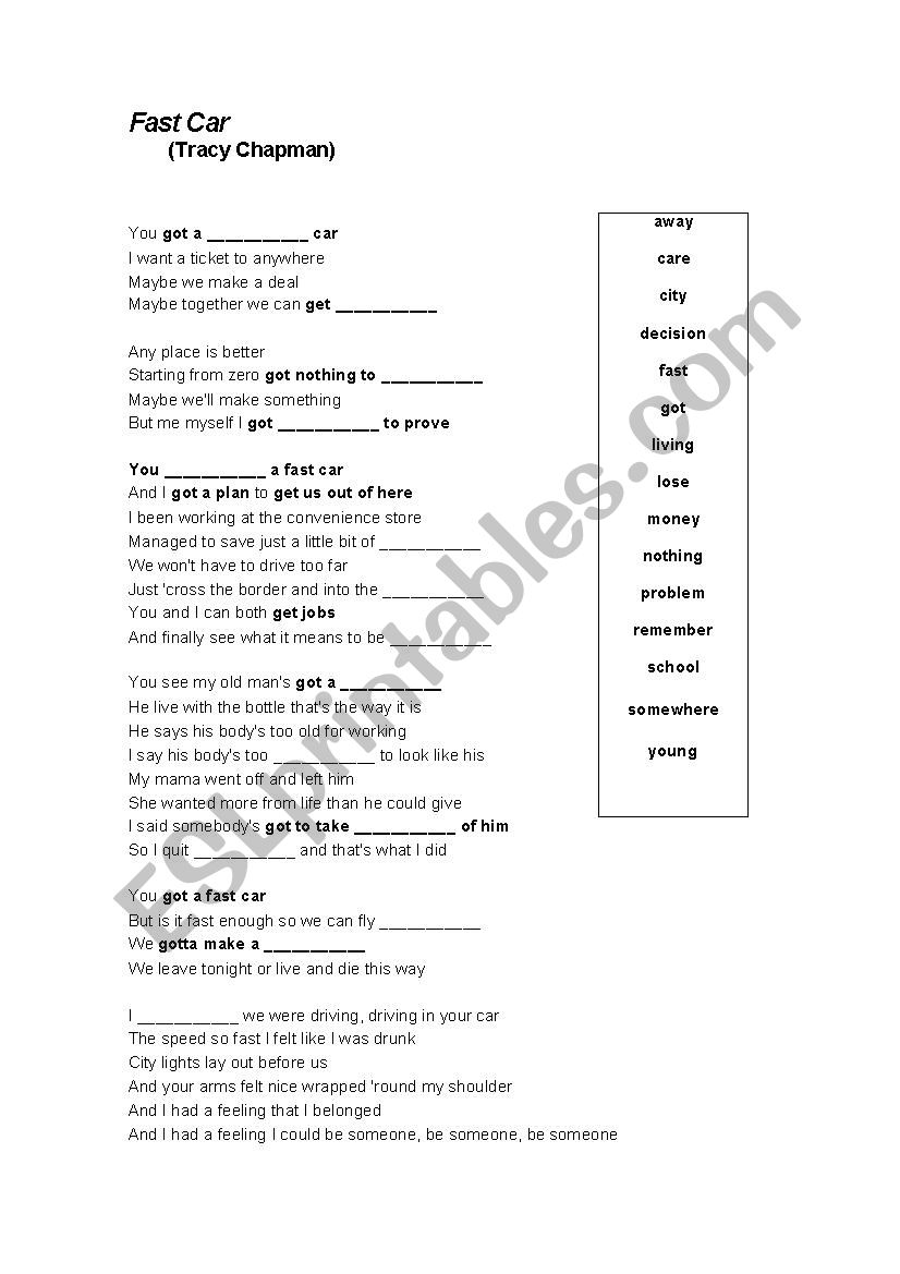 Song Fast Car Tracy Chapman Get Esl Worksheet By Ligiaberenguer