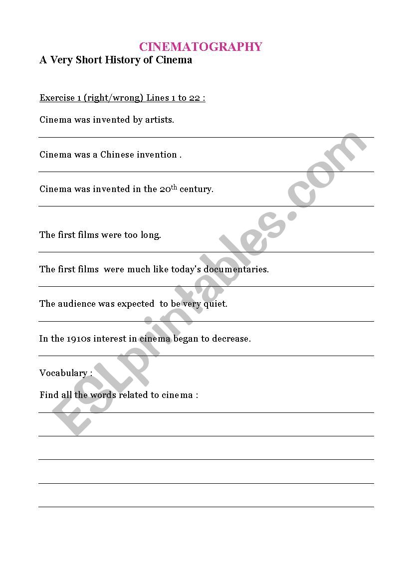 History of cinema worksheet / text + right-wrong exercise