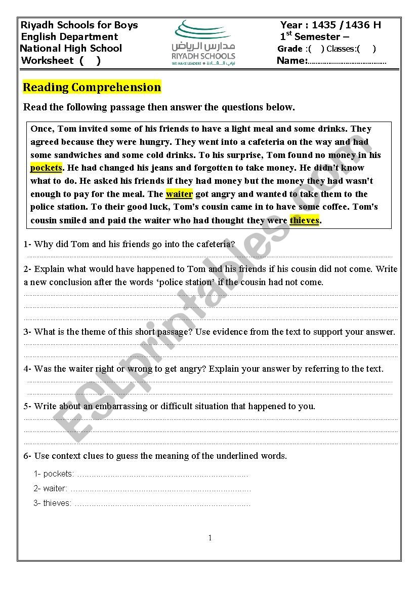 Reading Comprehension worksheet