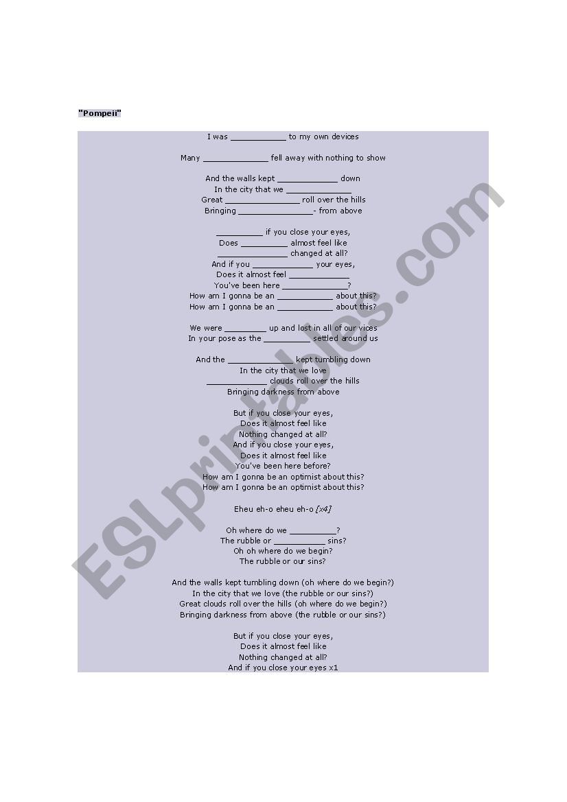 Song Gap Fill - Pompeii worksheet