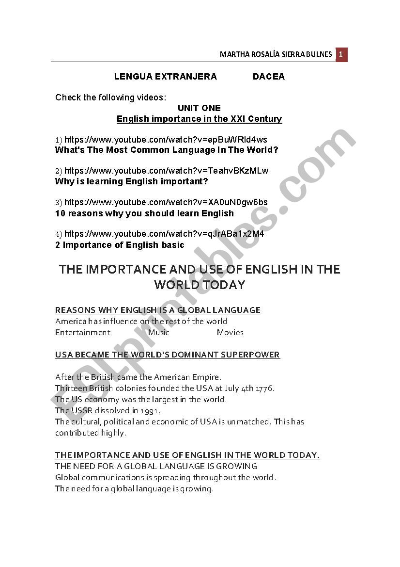 importance of english  worksheet