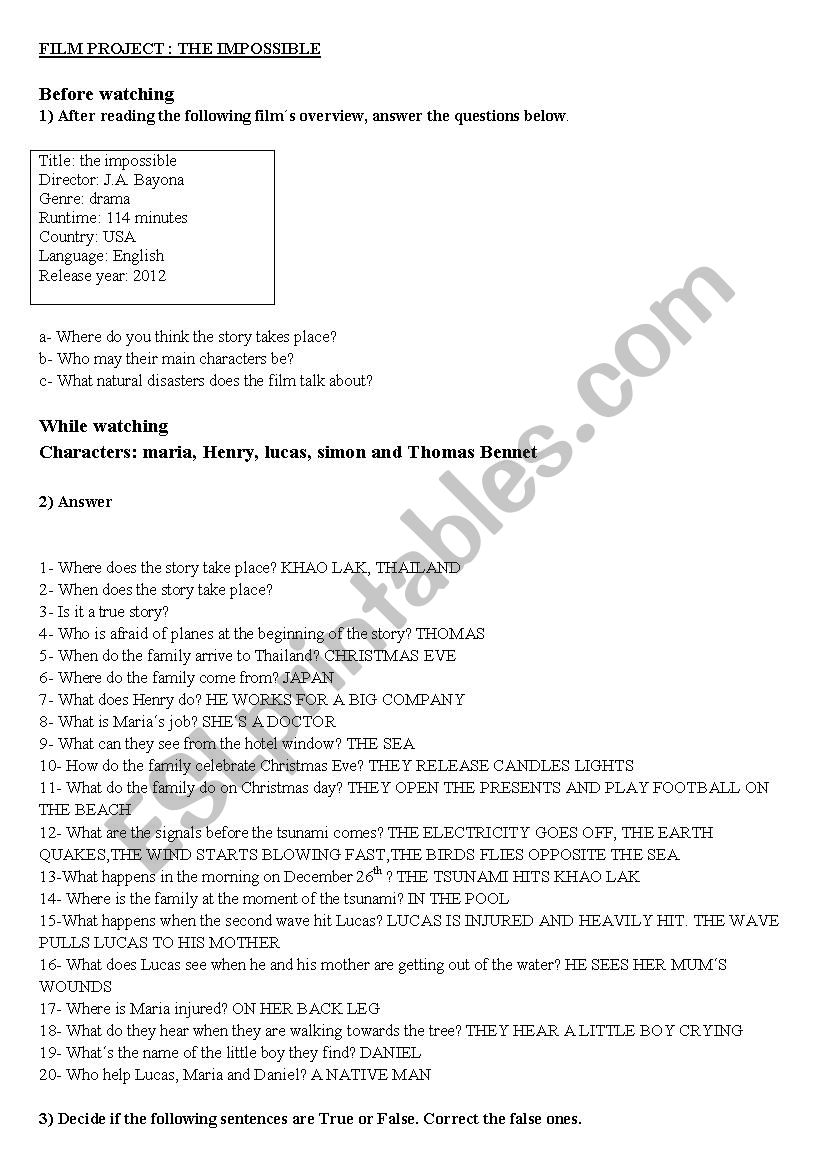 FILM PROJECT THE IMPOSSIBLE worksheet