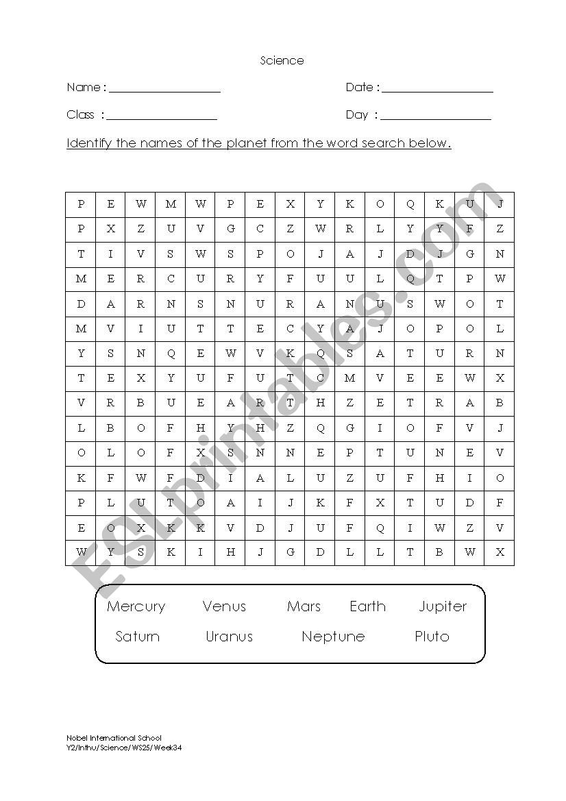 Word Search On Names of Planets