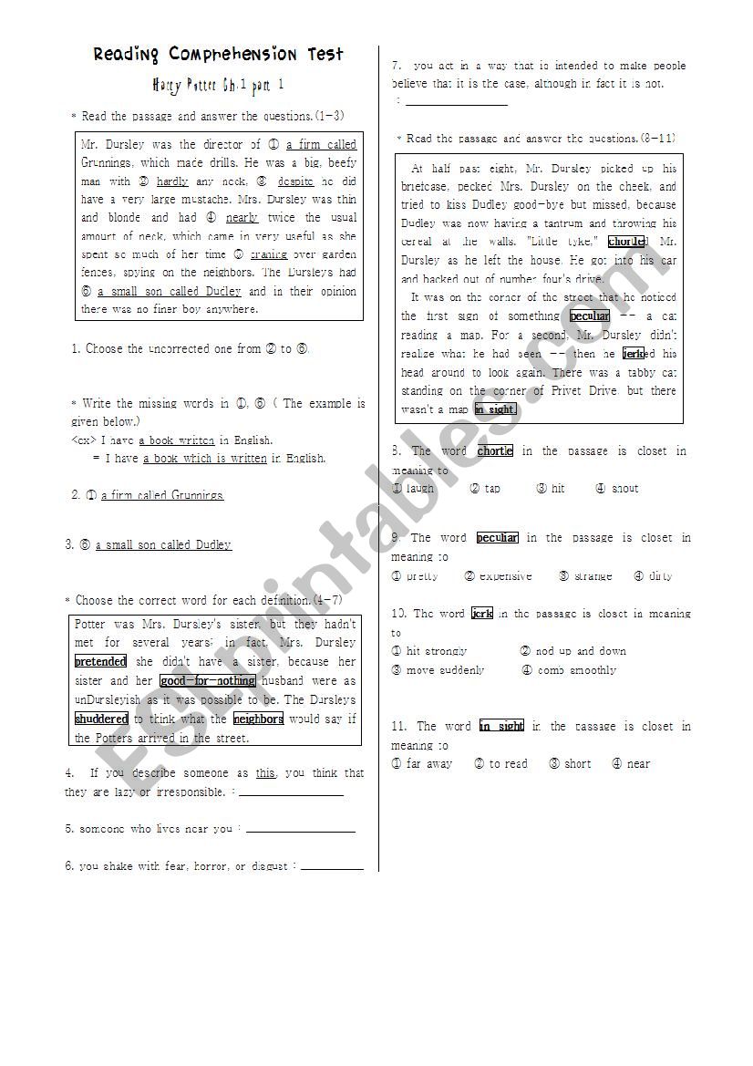 Harry potter and the sorcererÂ´s stone reading comprehension