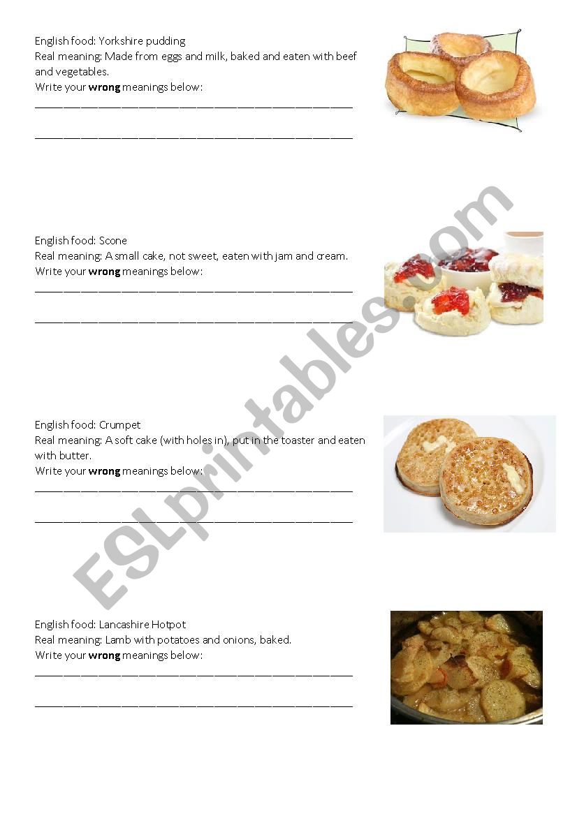 English food Balderdash worksheet