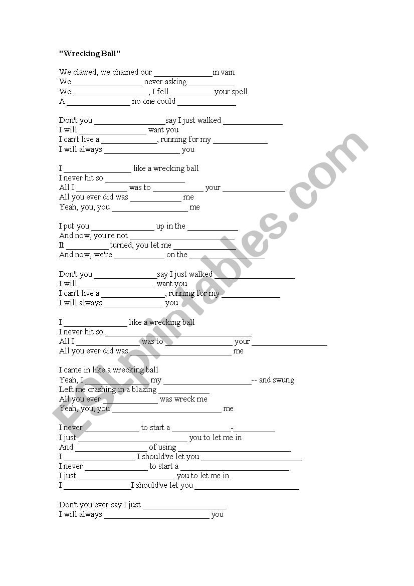 complete wrecking ball song worksheet