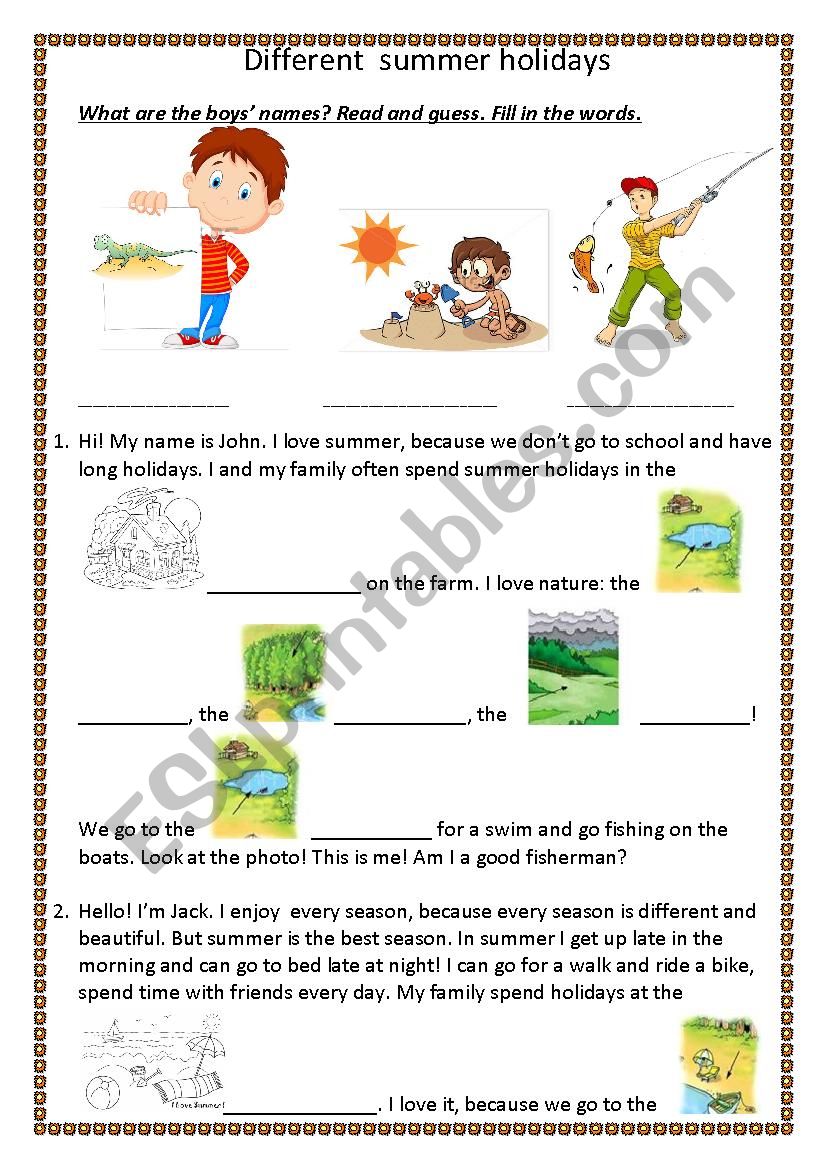 Different summer holidays worksheet