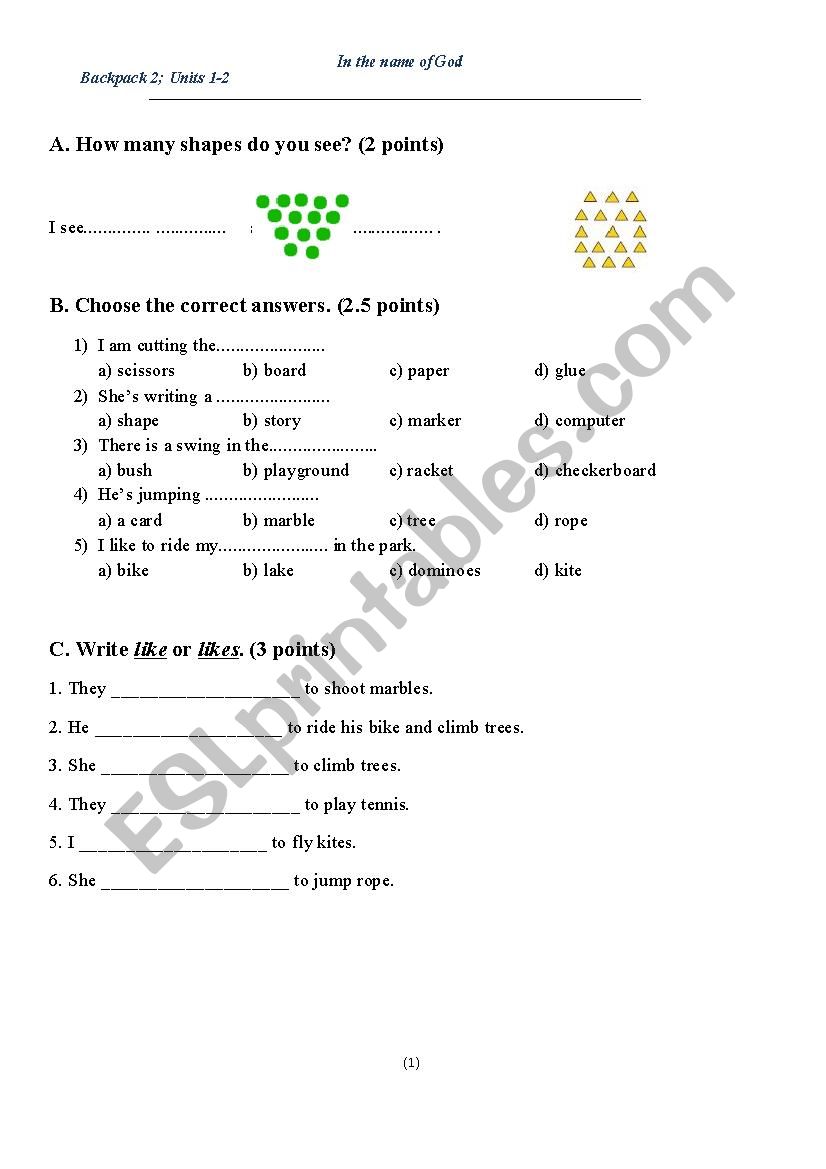Backpack 2; Units 1-2 worksheet