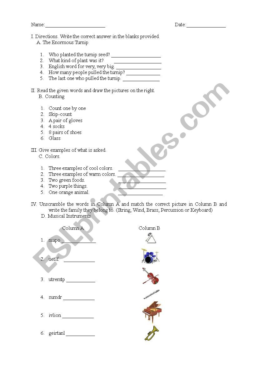 Unit test ( Math, English, Art, Music)