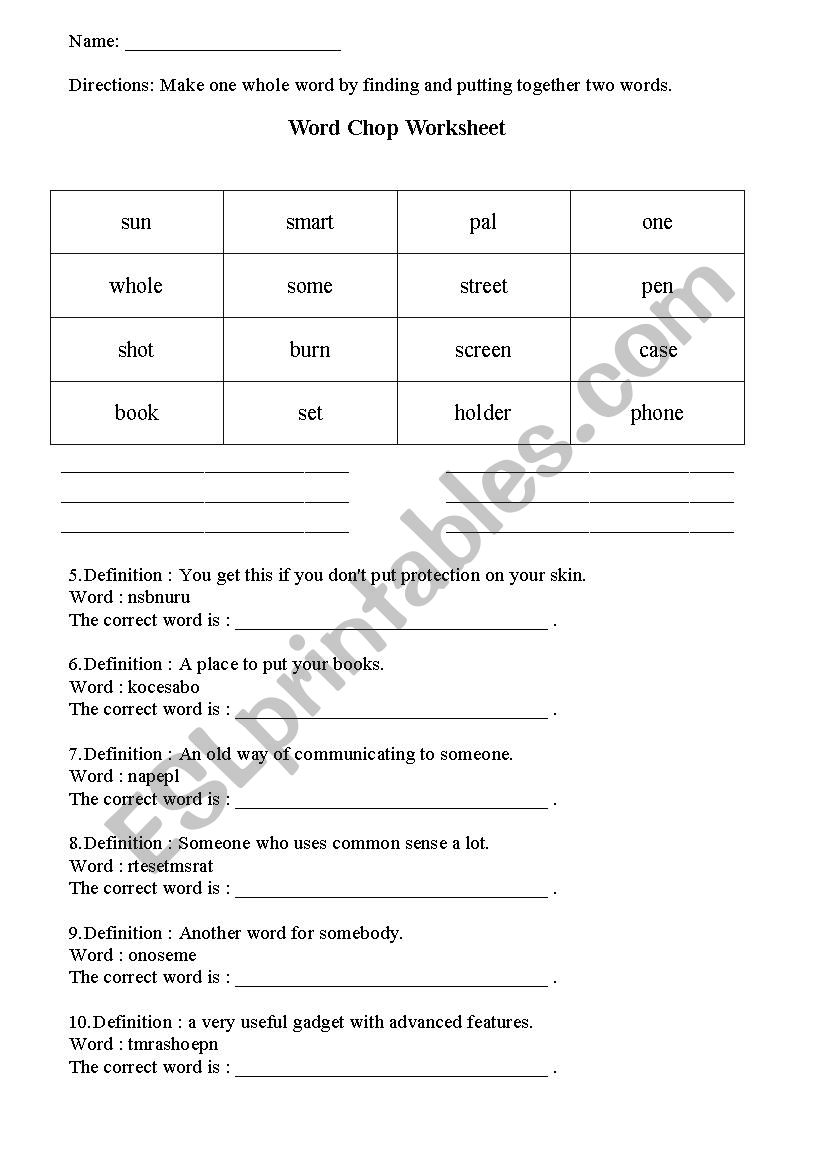 English Word Chop  worksheet
