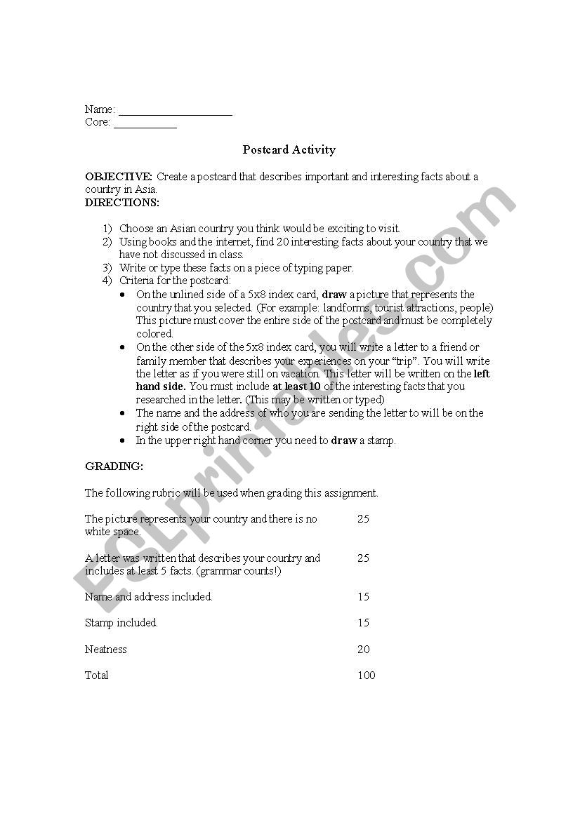 Asia Postcard Activity worksheet