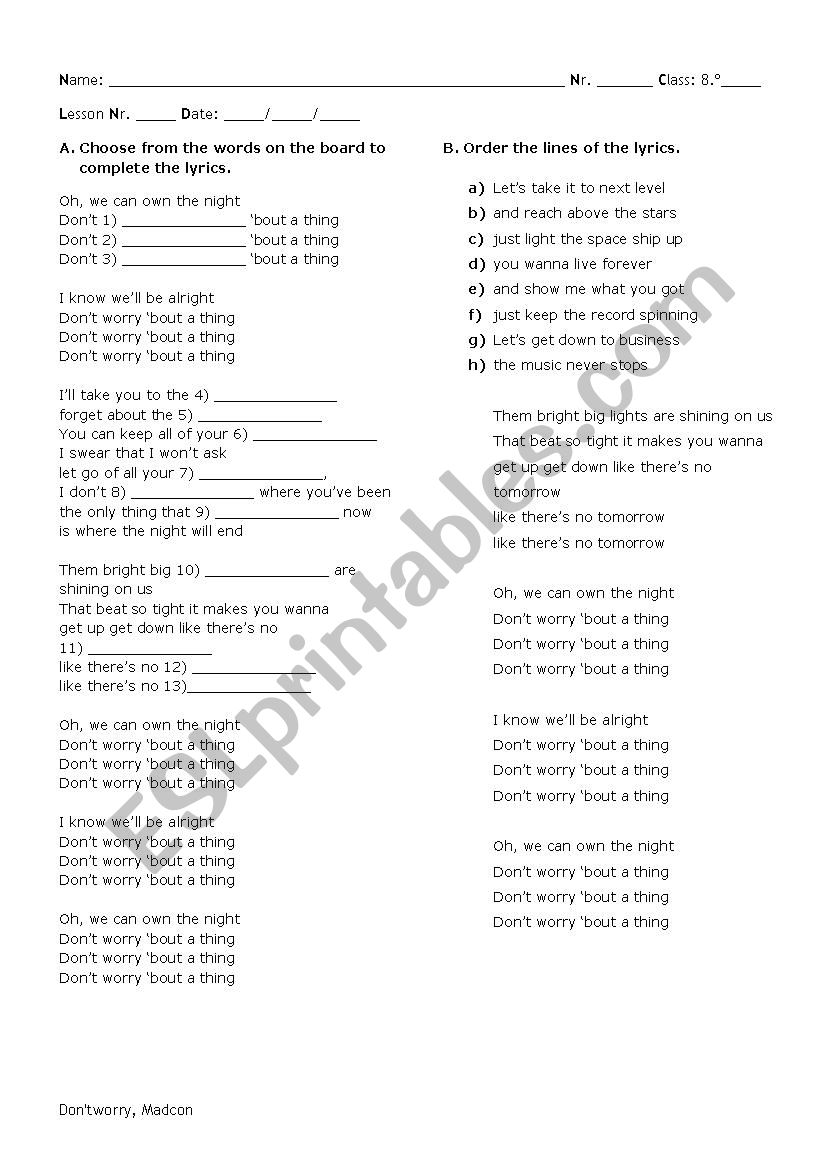 Song - Dont Worry by Madcon worksheet