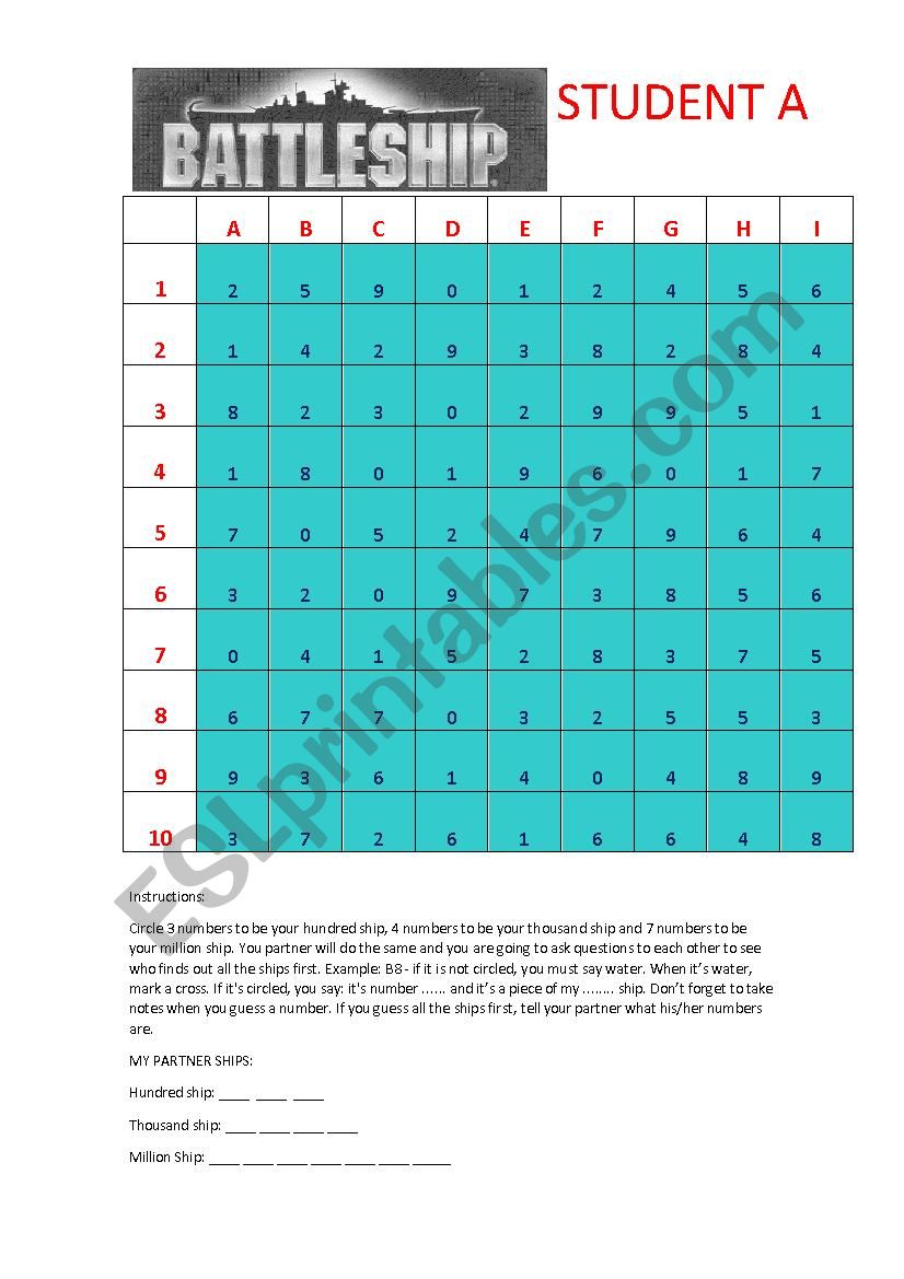 BATTLESHIP worksheet