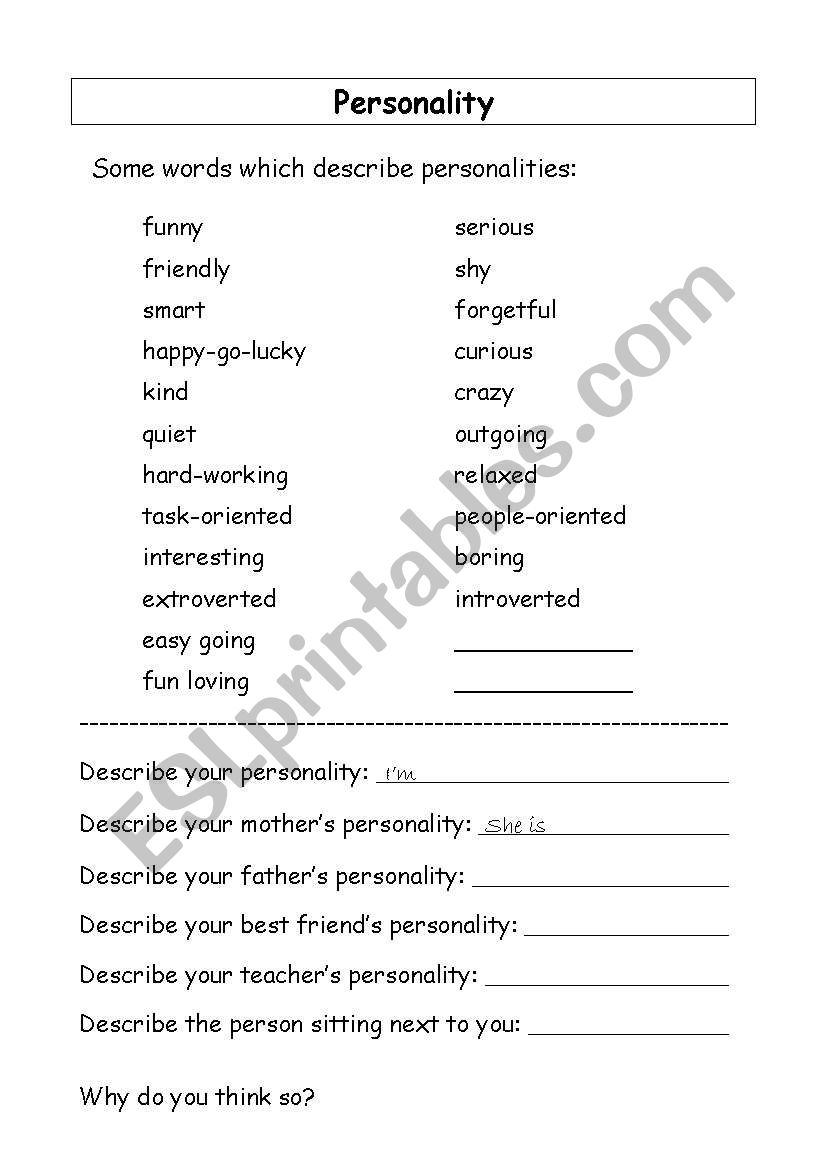 Personality Lasson worksheet