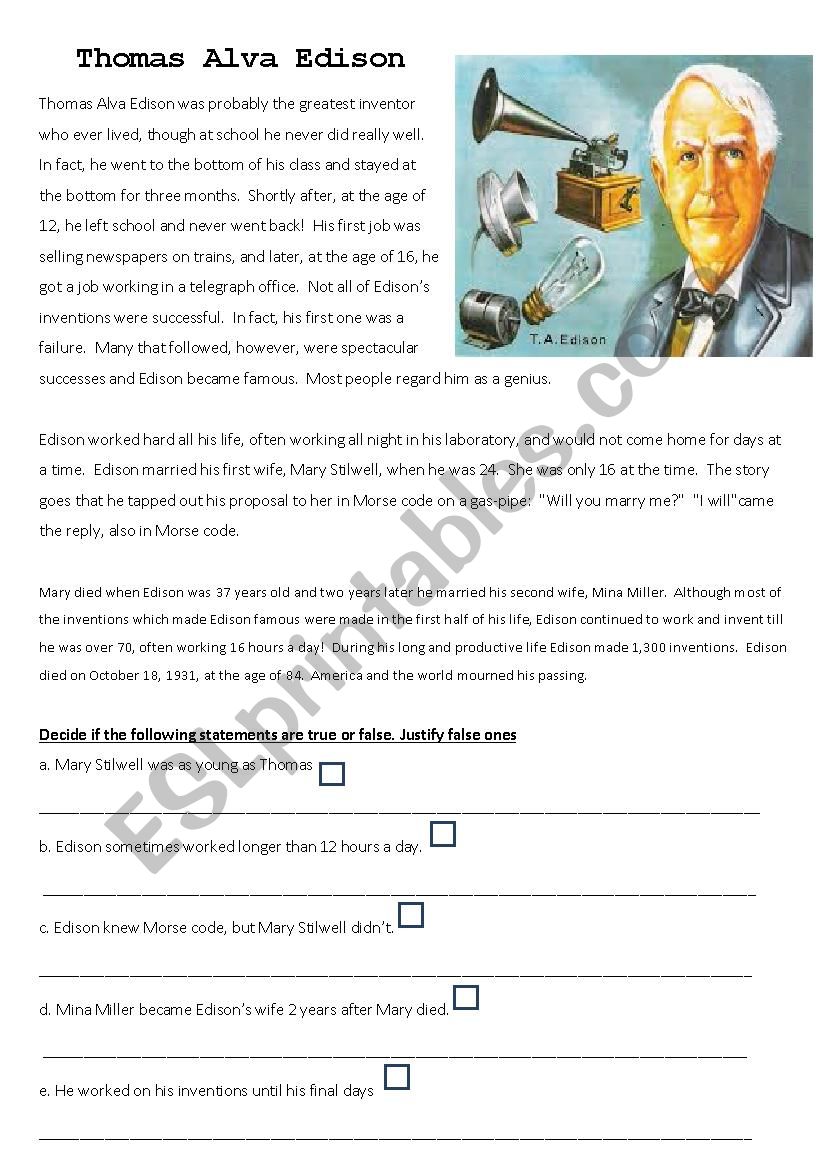 THOMAS ALVA EDISON worksheet