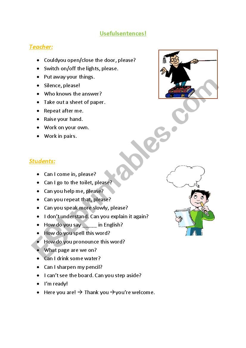Usefull sentences worksheet