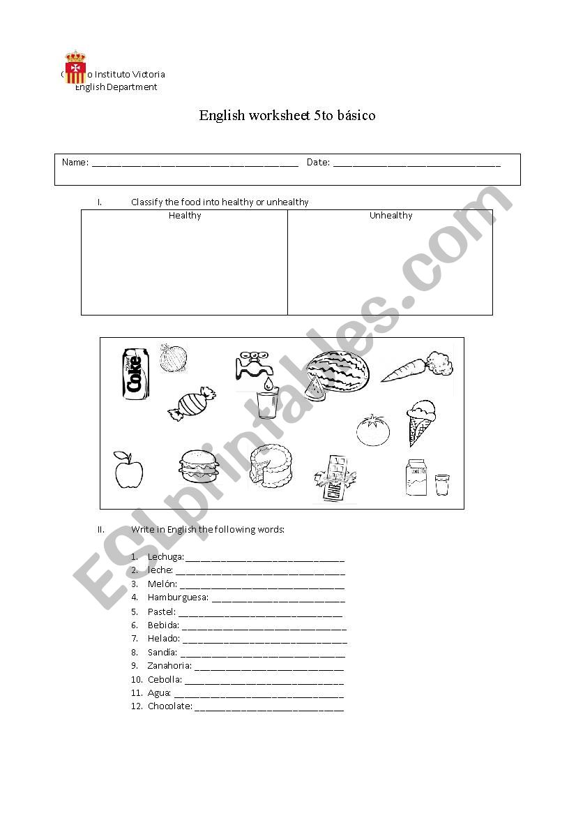 Healthy and unhealthy food worksheet