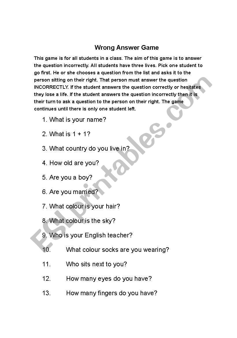 Wrong Answer Game worksheet