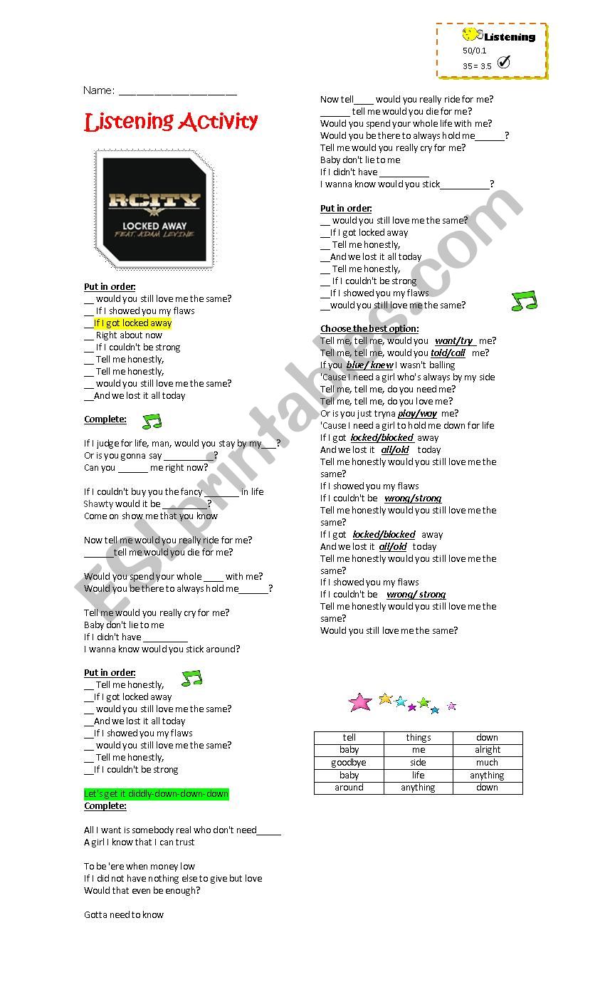 Looked Away Listening song worksheet