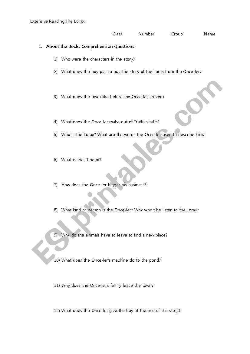 The Lorax worksheet