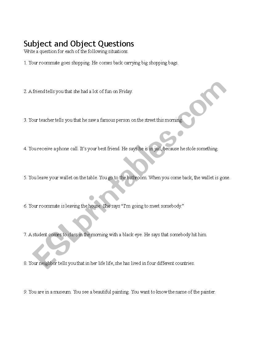 Subject and Object Questions Worksheet
