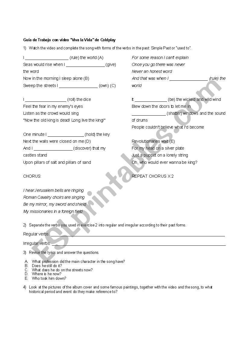 Viva la Vida by Coldplay worksheet