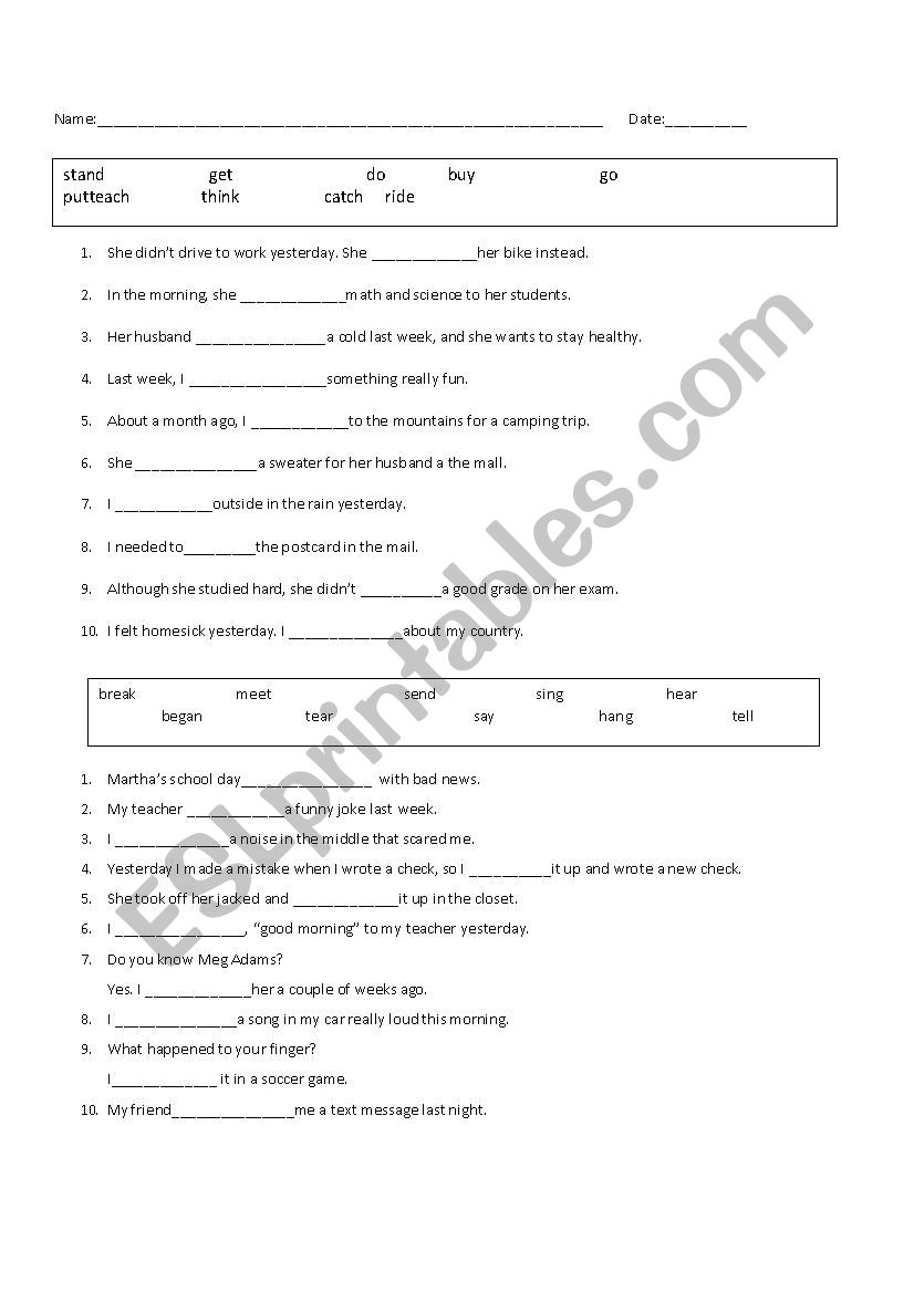 Past tense irregular verbs worksheet