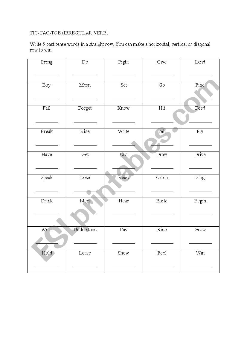 TIC-TAC-TOE (Irregular Verbs) - ESL worksheet by azizazrina79