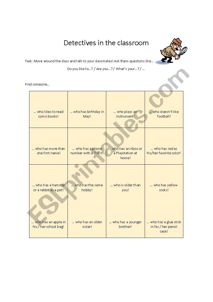 Detectives in the classroom worksheet