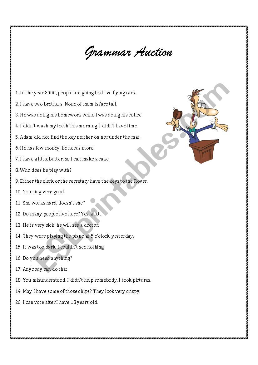 Grammar Auction Game worksheet