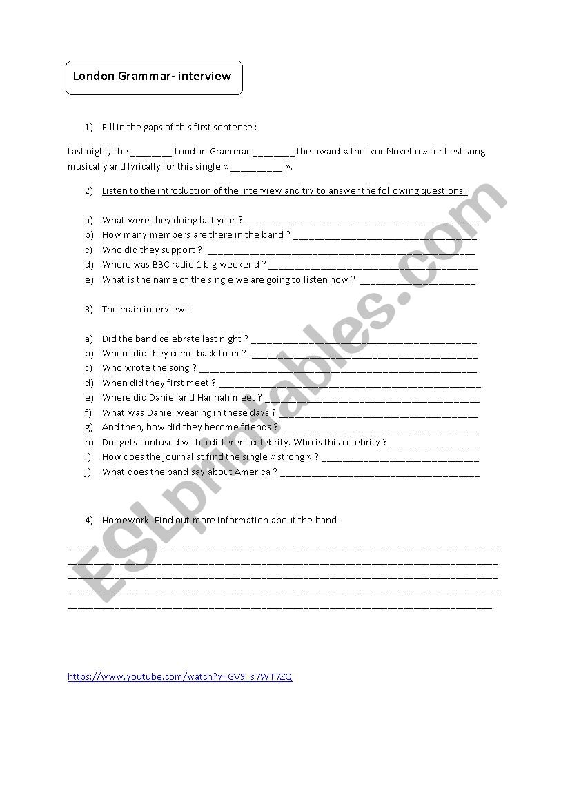 London Grammar interview worksheet