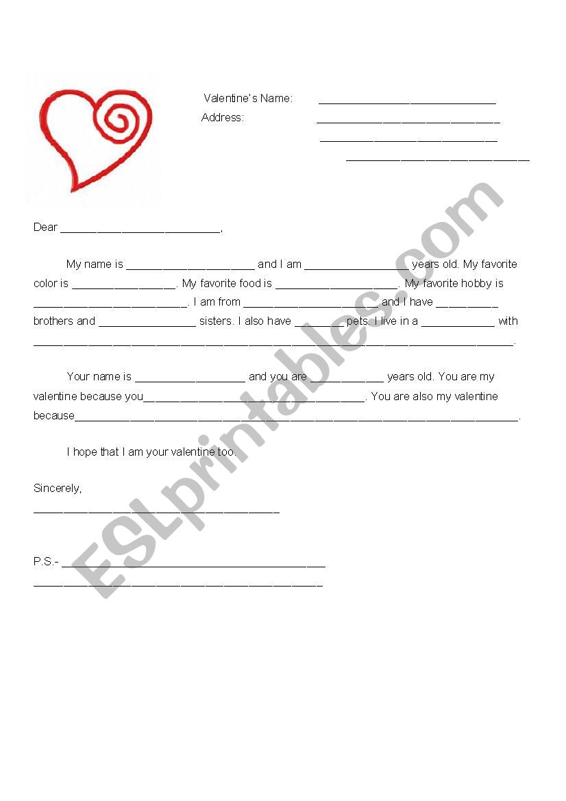 Valentine Letter: Cloze worksheet