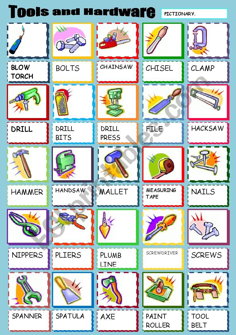TOOLS AND HARDWARE pictionary worksheet