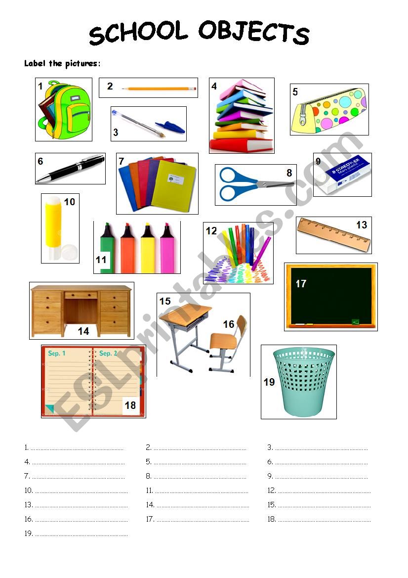 School objects worksheet