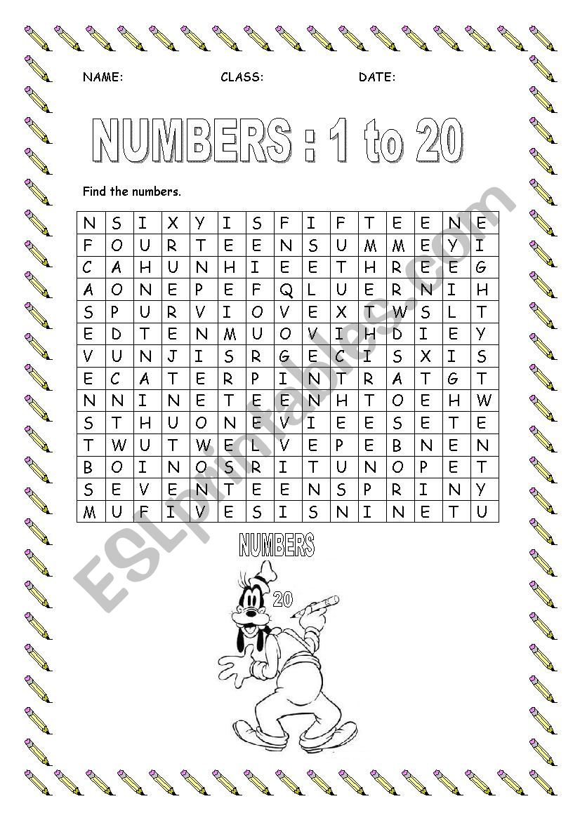 numbers wordsearch 1 to 20 worksheet