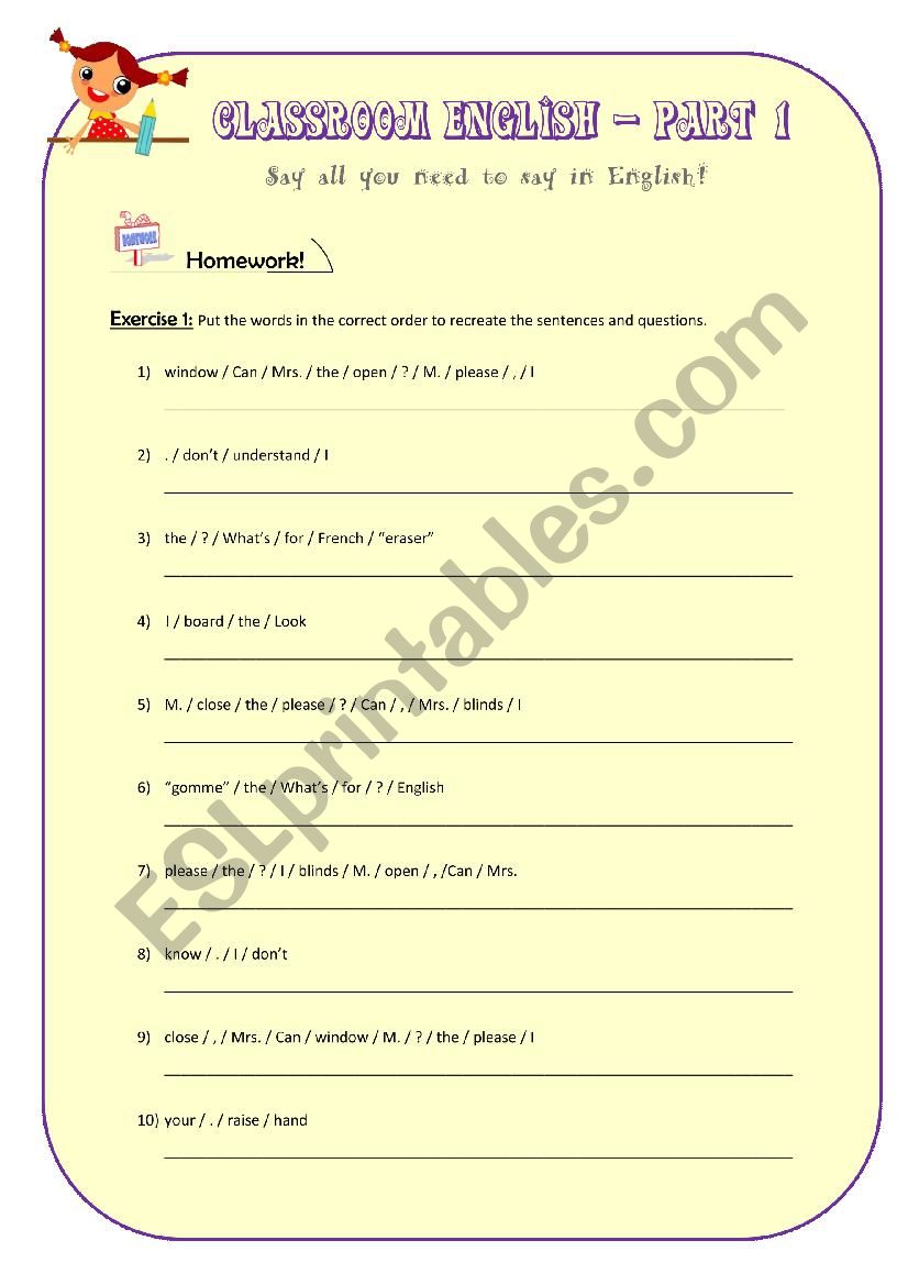 Classroom English - Part 1 - HW Worksheet