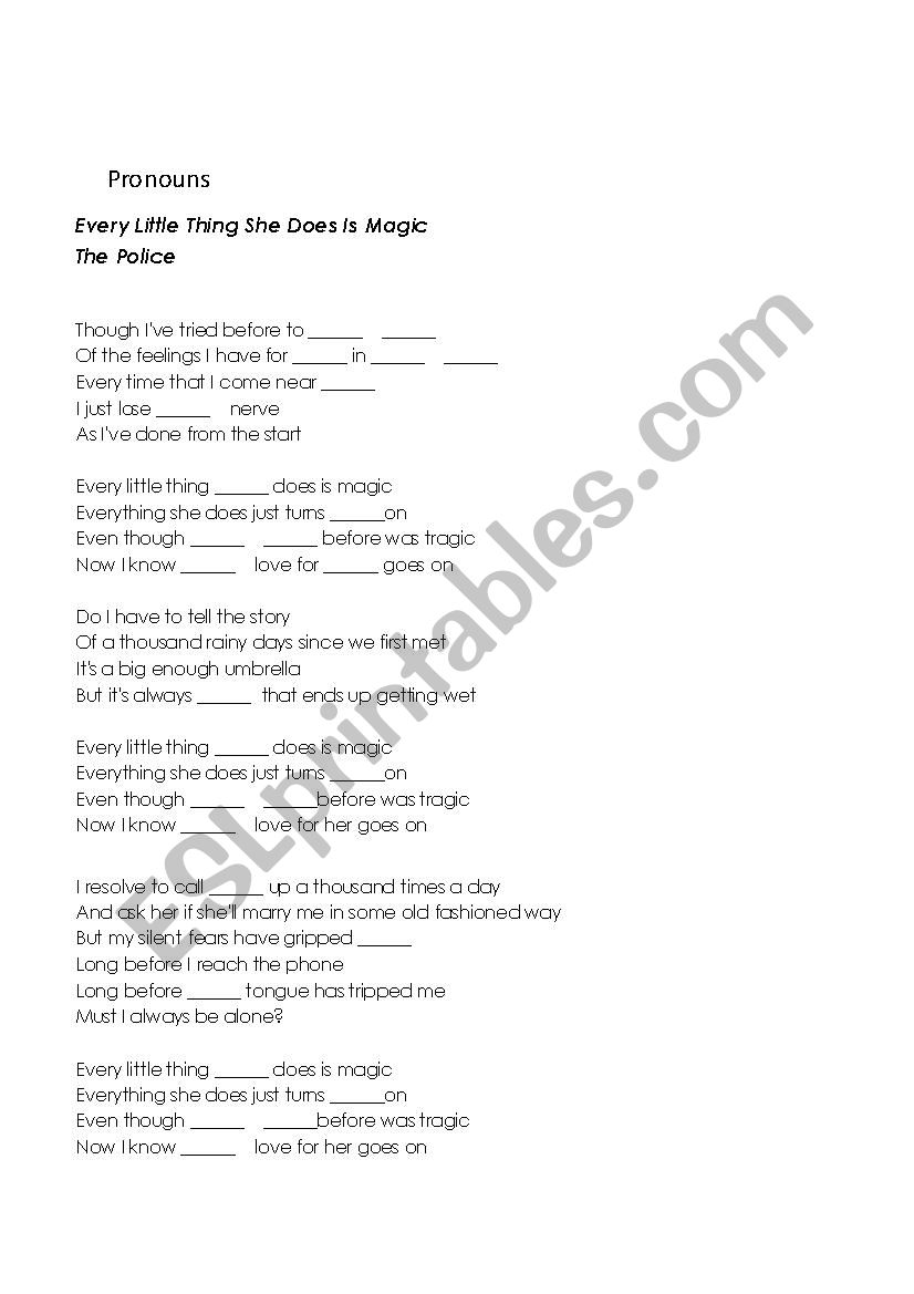 Pronouns with song worksheet