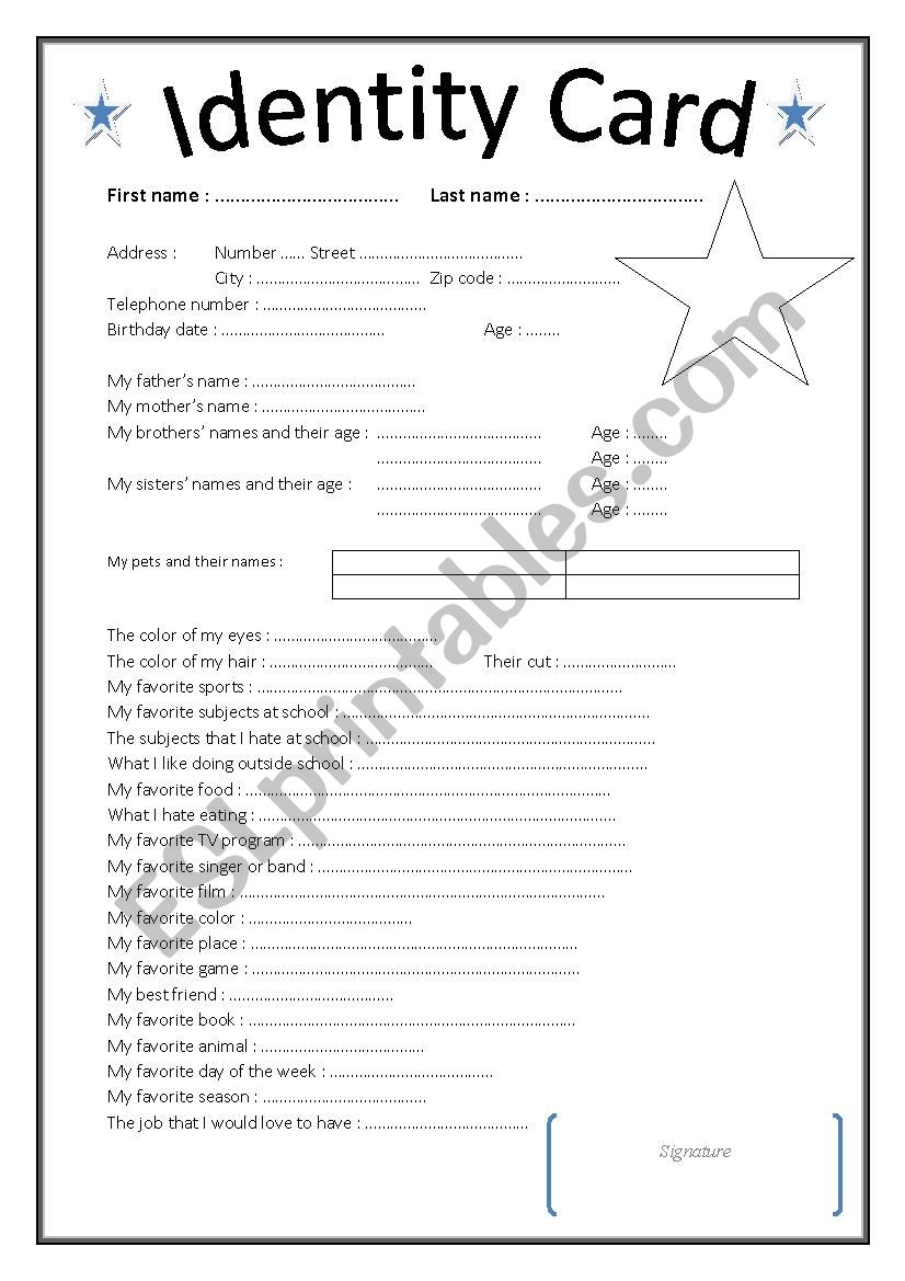 Identity Card worksheet