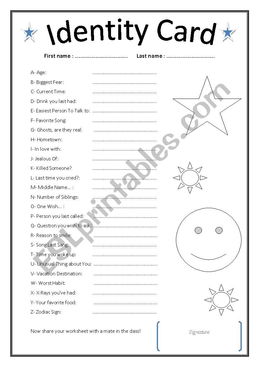 Identity Card Alphabet ABC worksheet