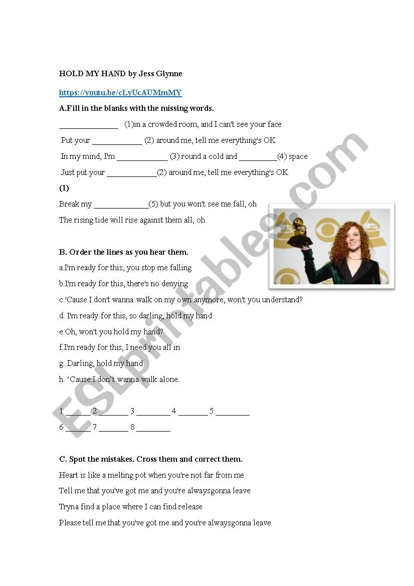 Hold my Hand by Jess Glynne worksheet