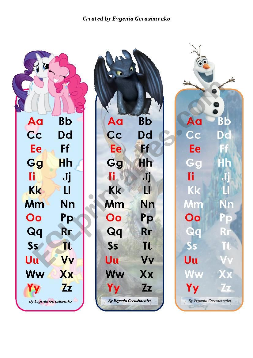 ABC bookmarks (with favourite cartoon characters)