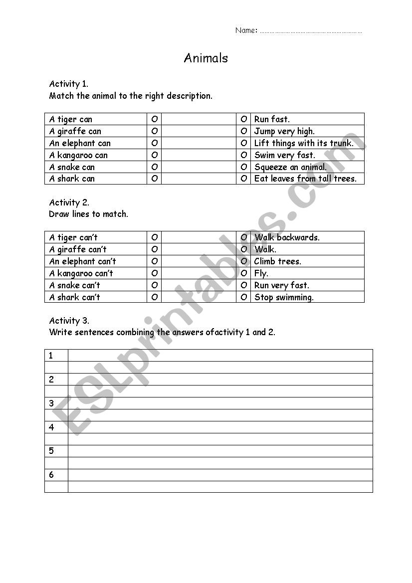 Animal worksheet can - cant  worksheet