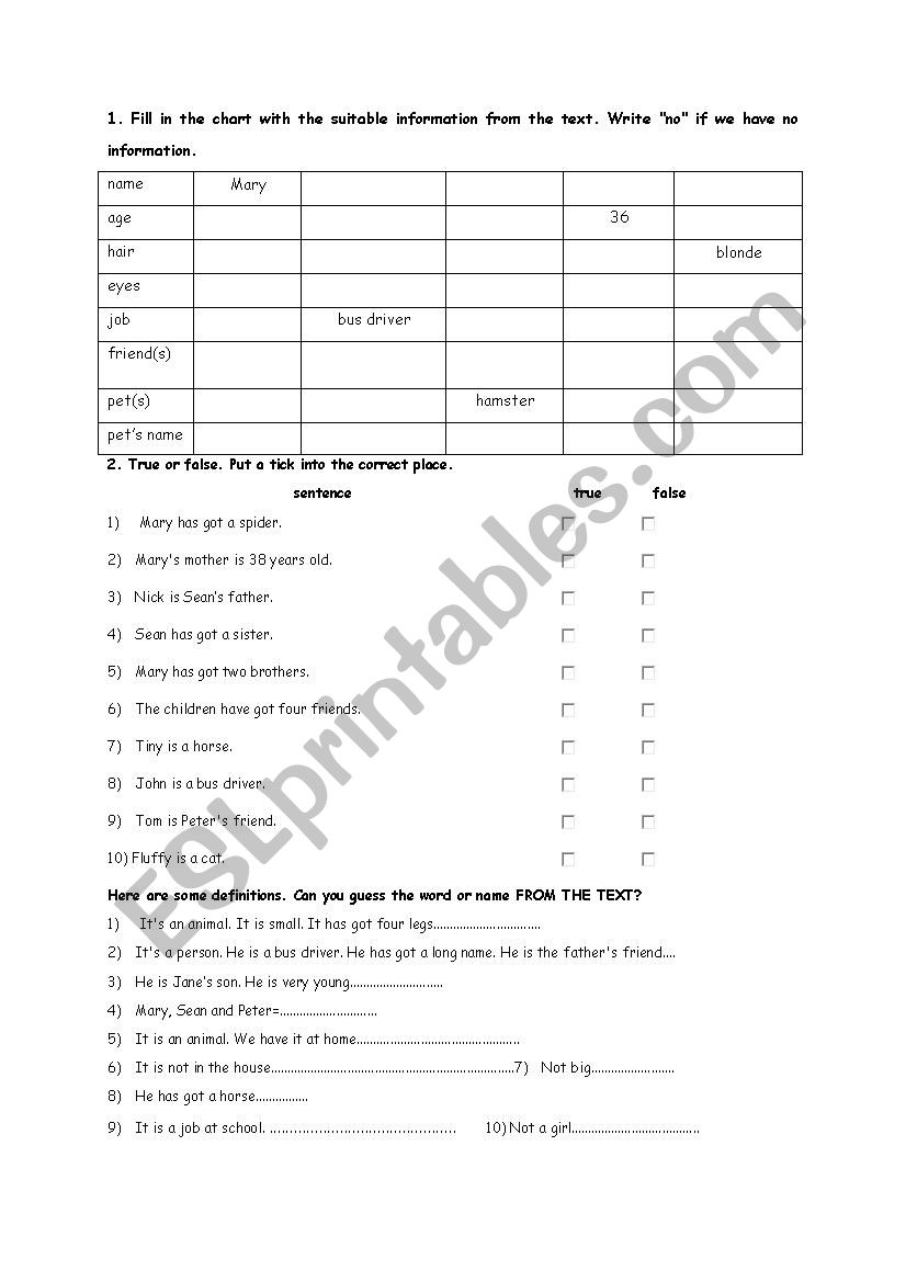 READING COMPREHENSION FAMILY worksheet