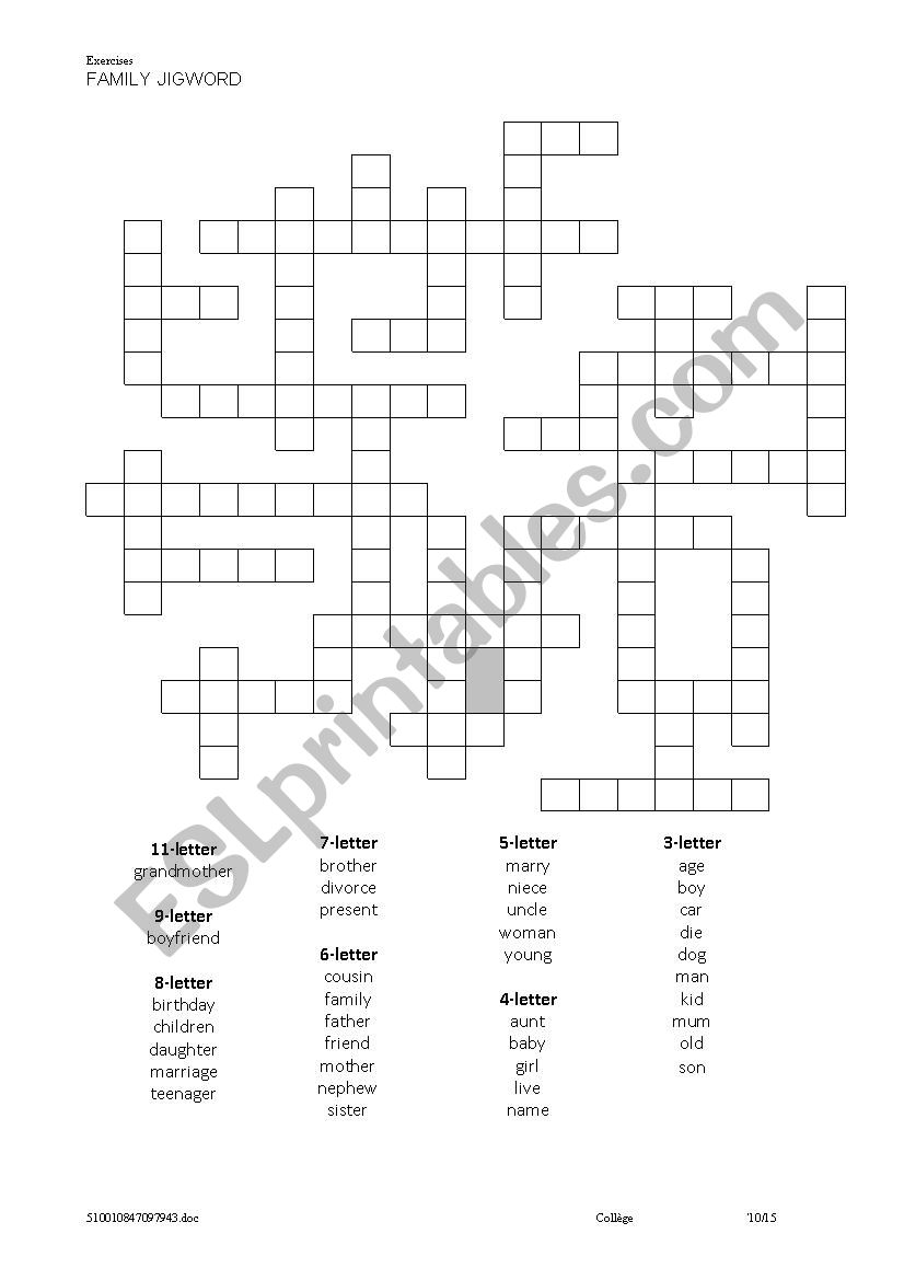 Family jigword worksheet