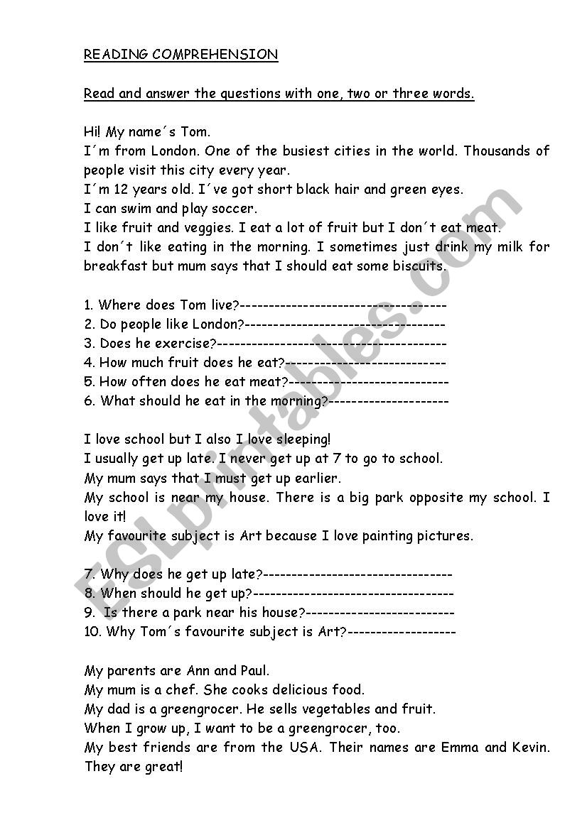 READING COMPREHENSION worksheet